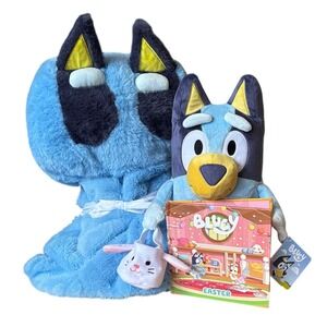 Bluey Kids Blue Hooded Blanket & Soft Plush w/Easter Storybook Gift Set NEW